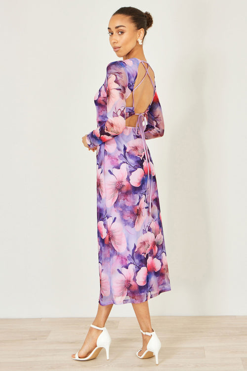 Yumi Purple Floral Mesh Midi Dress With Tie Back