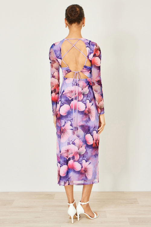 Yumi Purple Floral Mesh Midi Dress With Tie Back