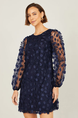 Yumi Navy Long Sleeve Floral Applique Tunic