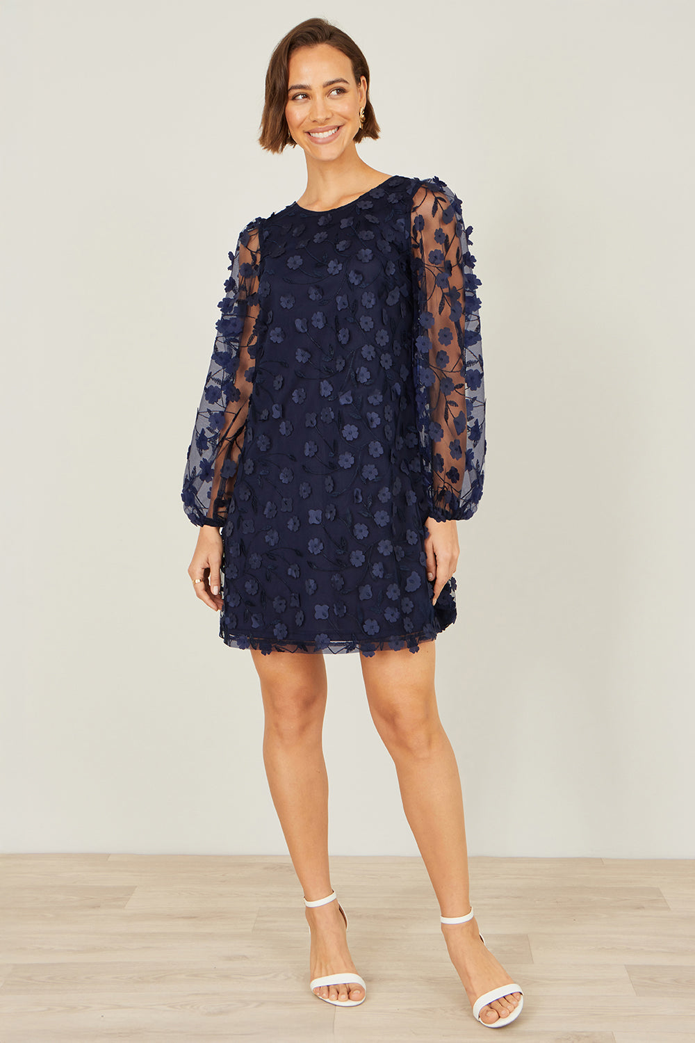 Yumi Navy Long Sleeve Floral Applique Tunic
