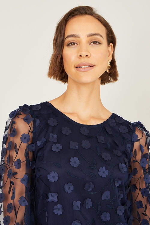 Yumi Navy Long Sleeve Floral Applique Tunic