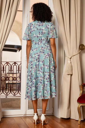 Yumi Blue Blossom Skater Midi Dress With Angel Sleeves