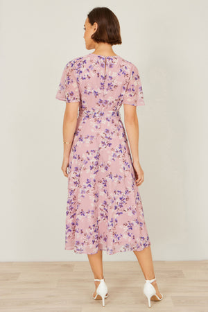 Yumi Pink Blossom Skater Midi Dress With Angel Sleeves