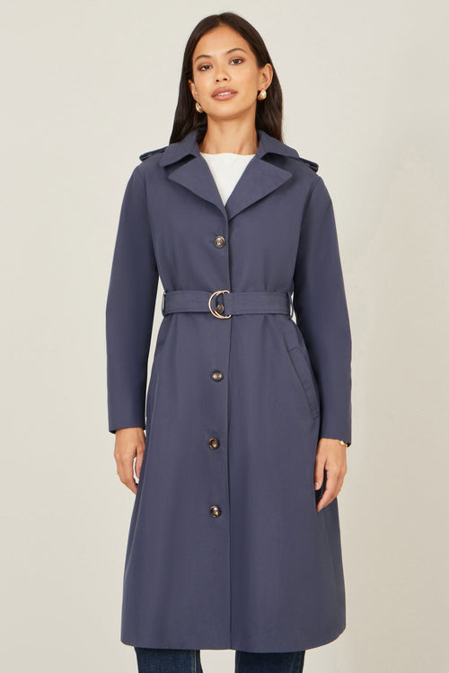 Yumi Navy Belted Long Trench Coat With Belt