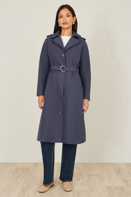 Yumi Navy Belted Long Trench Coat With Belt