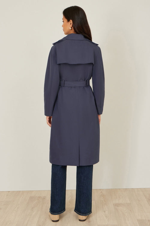 Yumi Navy Belted Long Trench Coat With Belt
