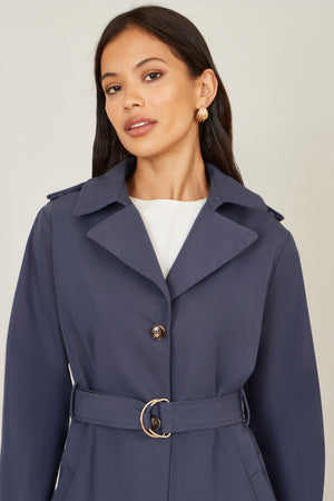 Yumi Navy Belted Long Trench Coat With Belt