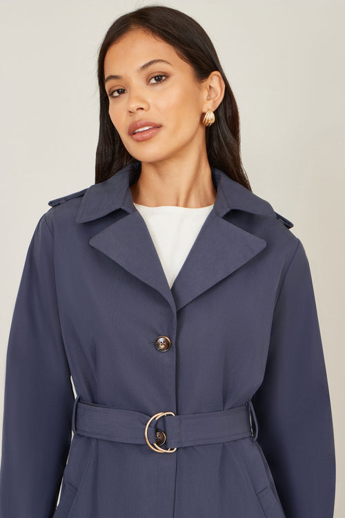 Yumi Navy Belted Long Trench Coat With Belt
