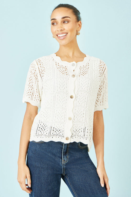 Yumi White Crochet Short Sleeve Cardigan