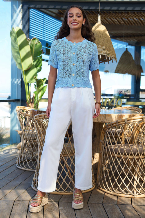 Yumi Blue Crochet Short Sleeve Cardigan