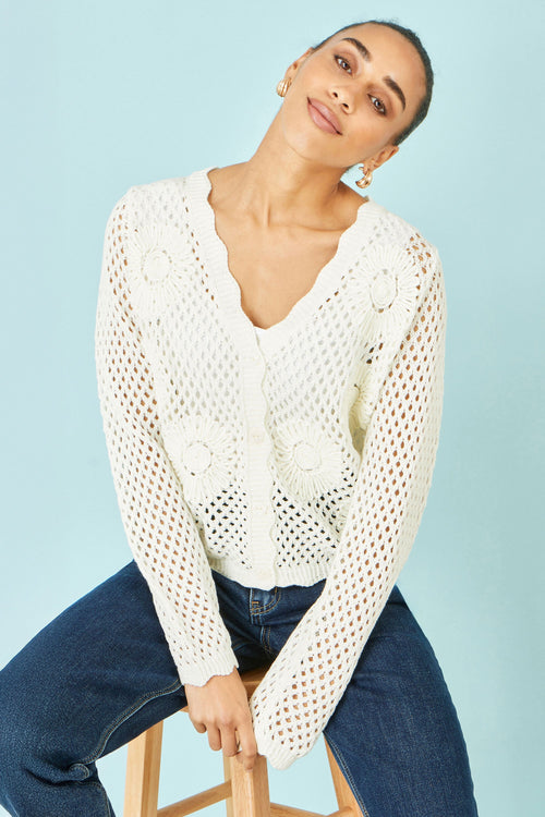 Yumi White Flower Crochet Cardigan