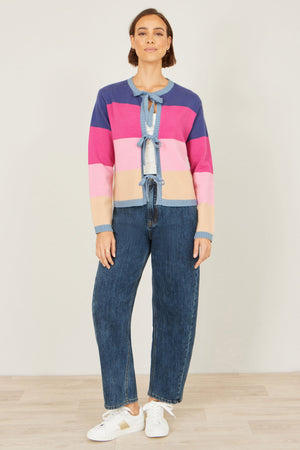 Yumi Multicolour Block Stripe Tie Front Cardigan