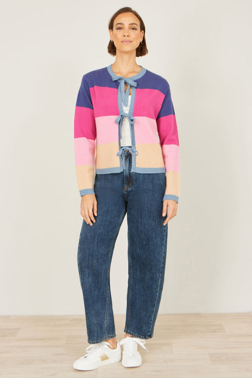 Yumi Multicolour Block Stripe Tie Front Cardigan