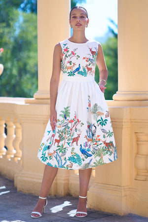 Yumi White Woodland Animal Print Cotton Midi Skater Dress