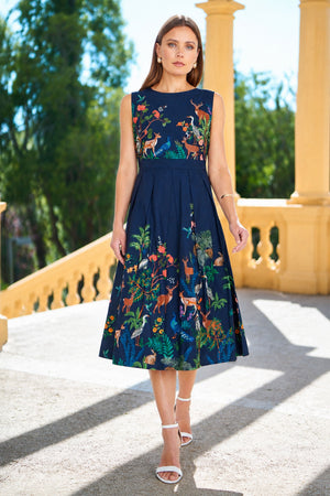 Yumi Navy Woodland Animal Print Cotton Midi Skater Dress