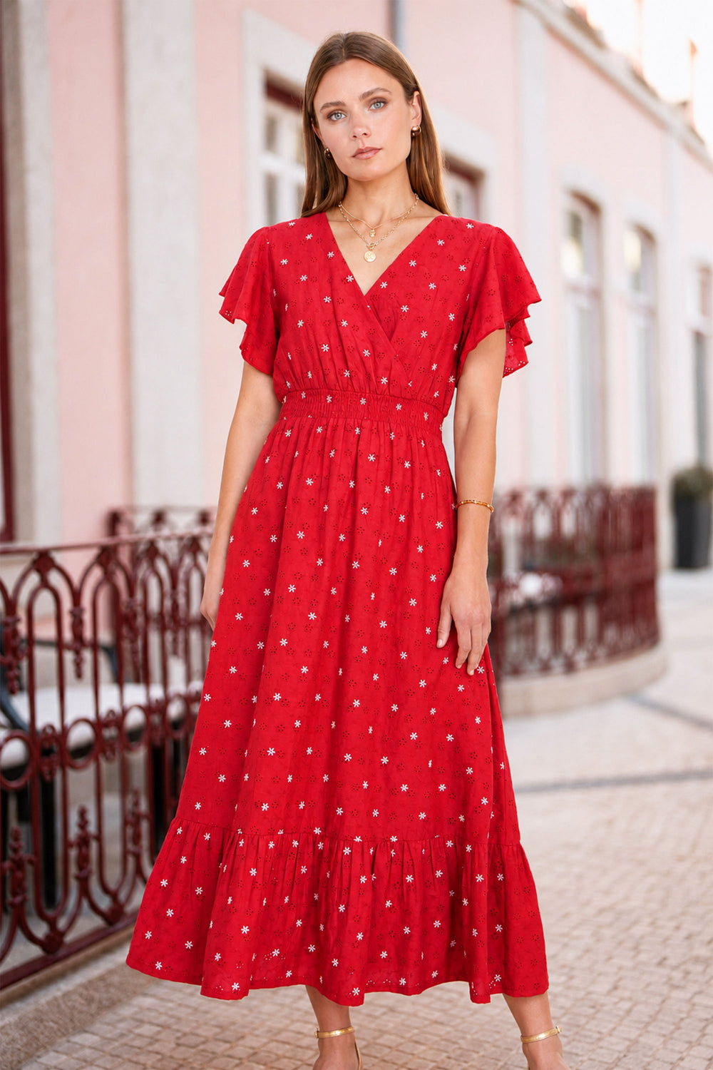 Yumi Red Broderie Anglaise Wrap Midi Dress With Flower Embroidery