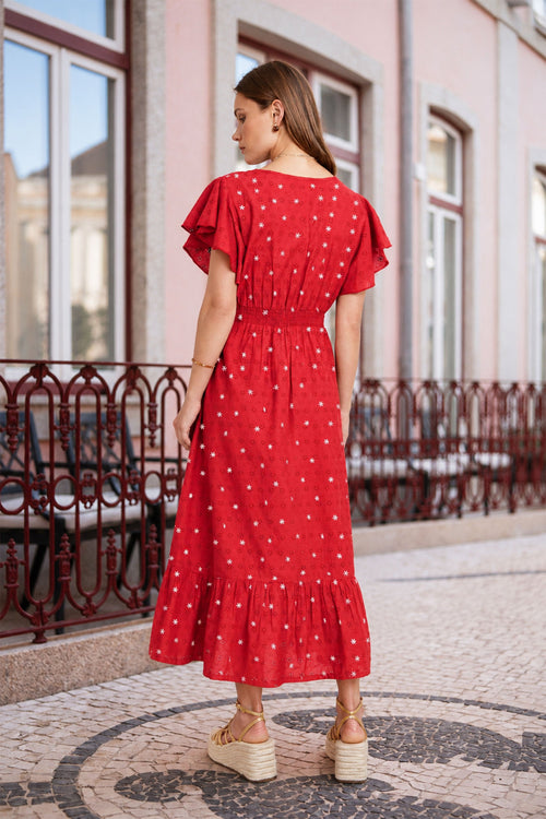 Yumi Red Broderie Anglaise Wrap Midi Dress With Flower Embroidery