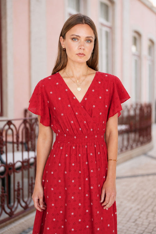 Yumi Red Broderie Anglaise Wrap Midi Dress With Flower Embroidery