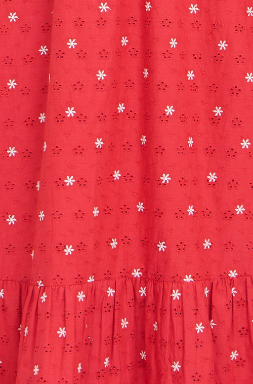 Yumi Red Broderie Anglaise Wrap Midi Dress With Flower Embroidery