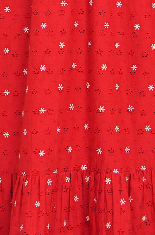 Yumi Red Broderie Anglaise Wrap Midi Dress With Flower Embroidery