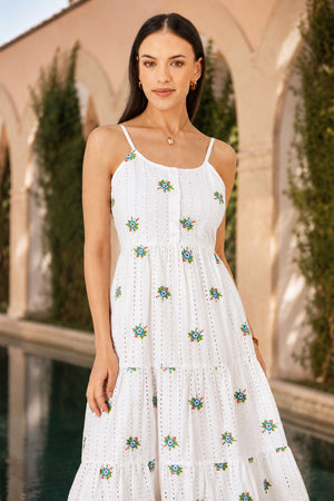 Yumi White Cotton Embroidered Broderie Anglaise Midi Sun Dress