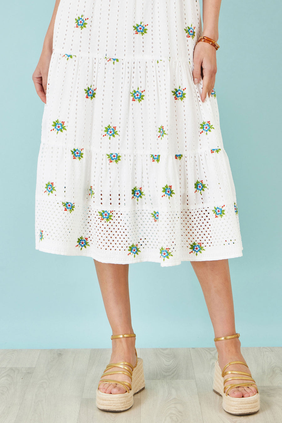 Yumi White Cotton Embroidered Broderie Anglaise Midi Sun Dress
