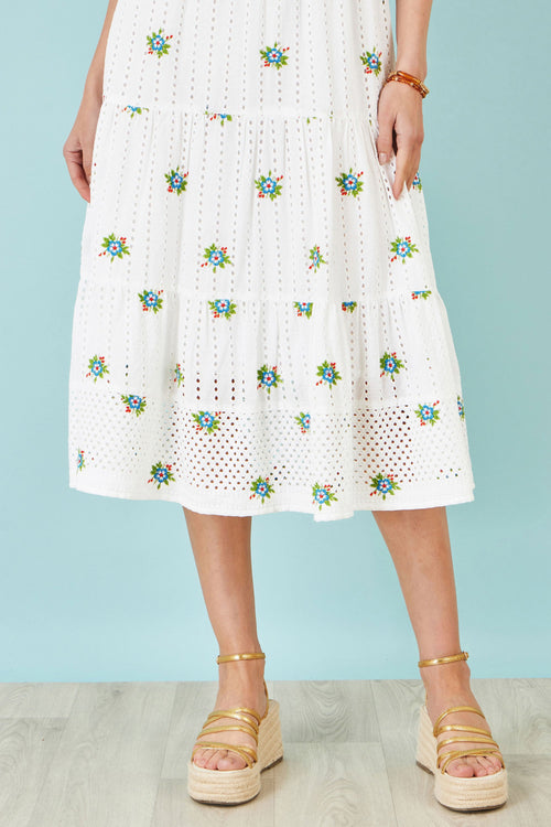Yumi White Cotton Embroidered Broderie Anglaise Midi Sun Dress