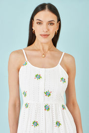 Yumi White Cotton Embroidered Broderie Anglaise Midi Sun Dress