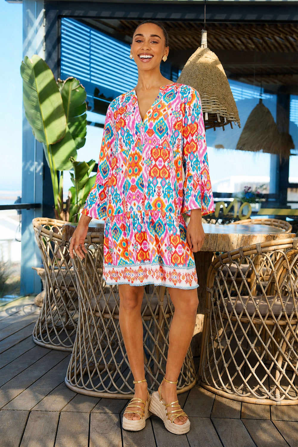 Yumi Multicolour Ikat Print Viscose Beach Tunic
