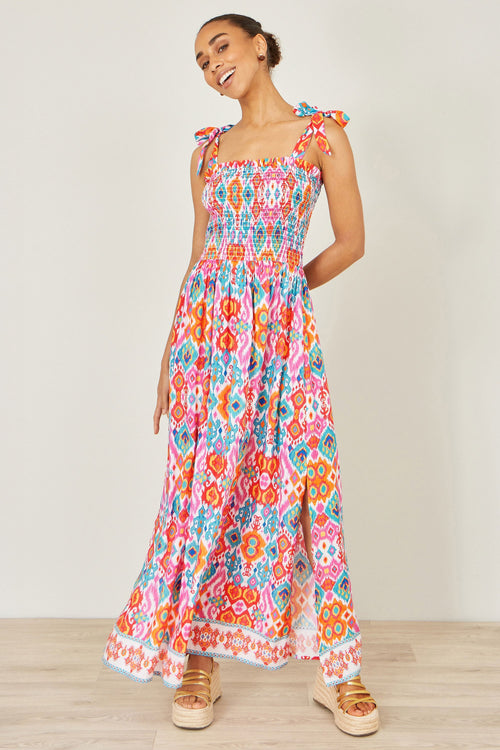 Yumi Multicolour Ikat Print Maxi Viscose Sun Dress