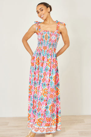 Yumi Multicolour Ikat Print Maxi Viscose Sun Dress