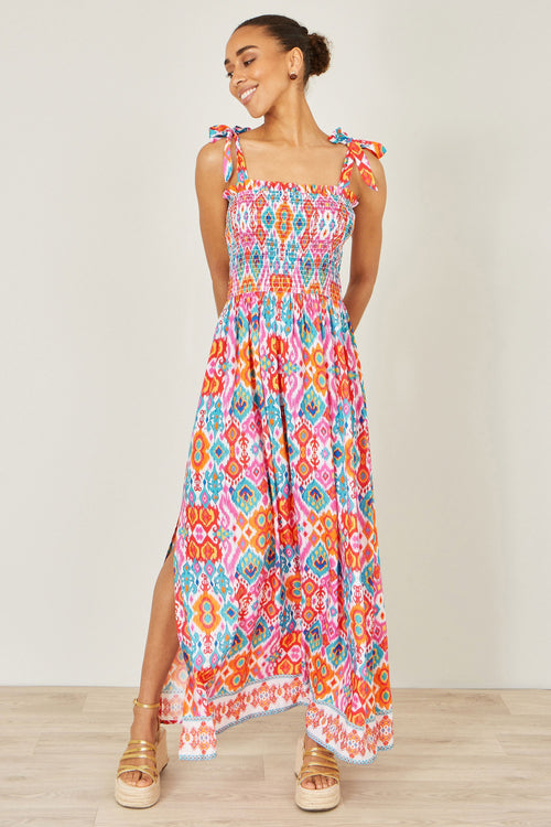 Yumi Multicolour Ikat Print Maxi Viscose Sun Dress