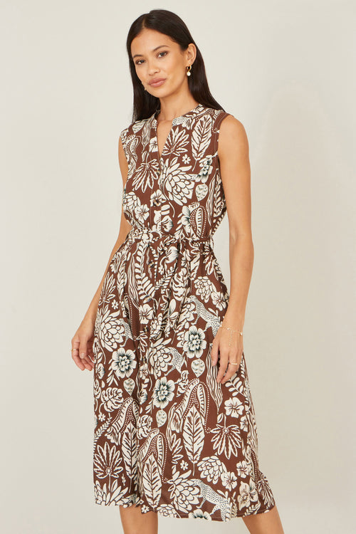 Yumi Brown Leaf Print Shirt Dress