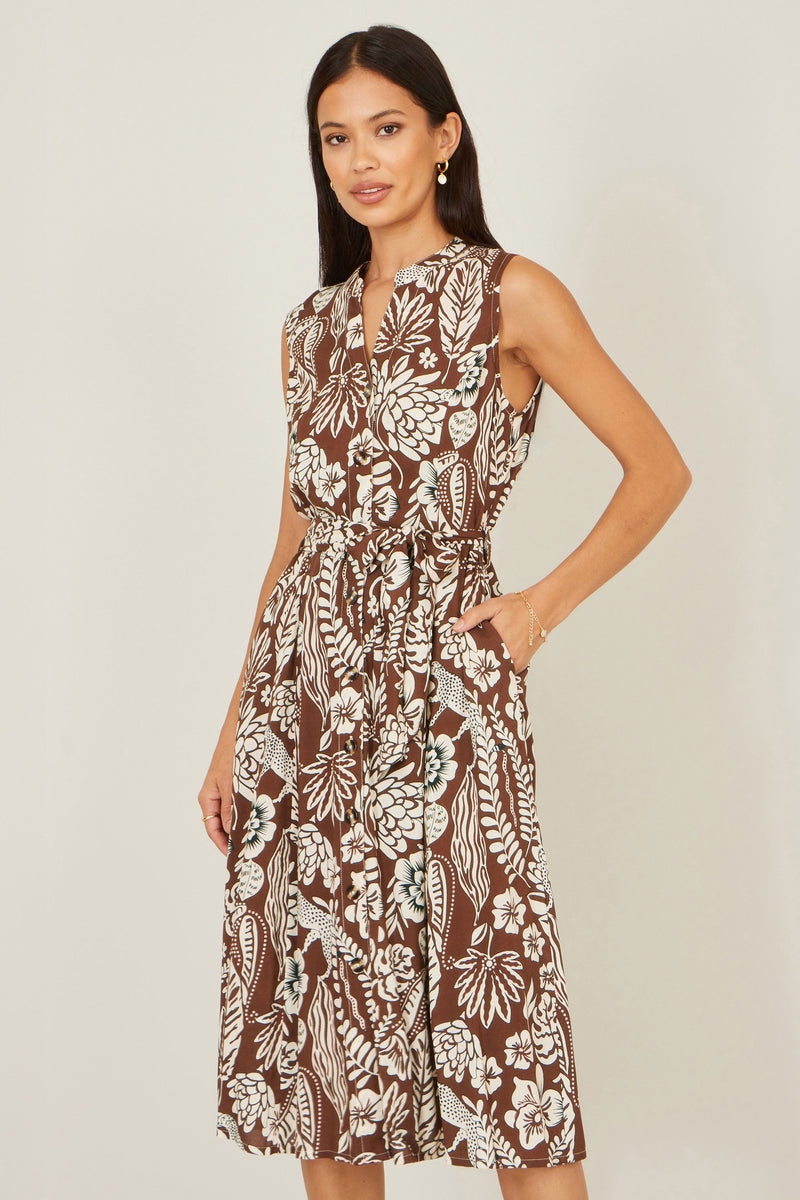 Yumi Brown Leaf Print Shirt Dress