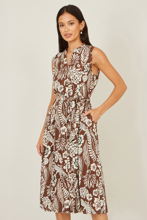 Yumi Brown Leaf Print Shirt Dress