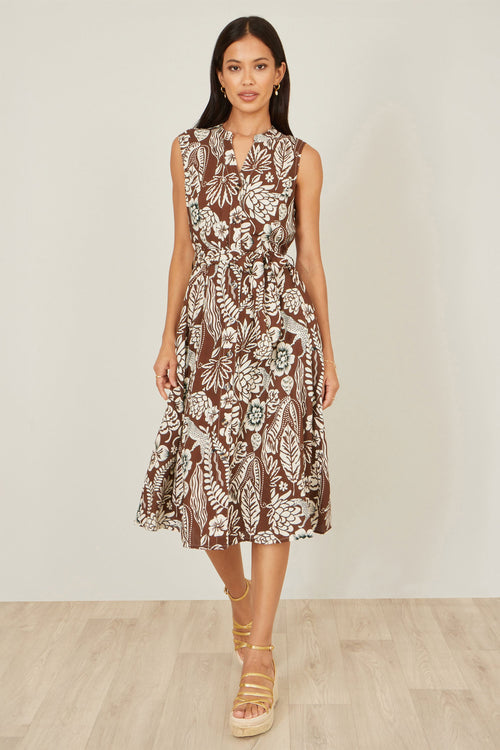 Yumi Brown Leaf Print Shirt Dress