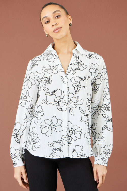 Yumi White Scribble Floral Embroidered Shirt