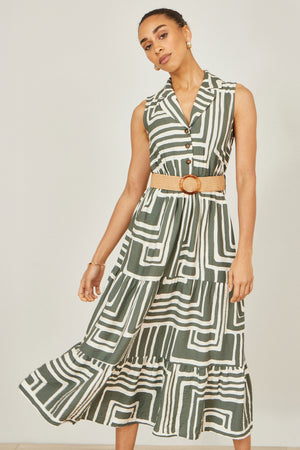 Yumi Green Viscose Geo Print Midi Shirt Dress With Matching Belt