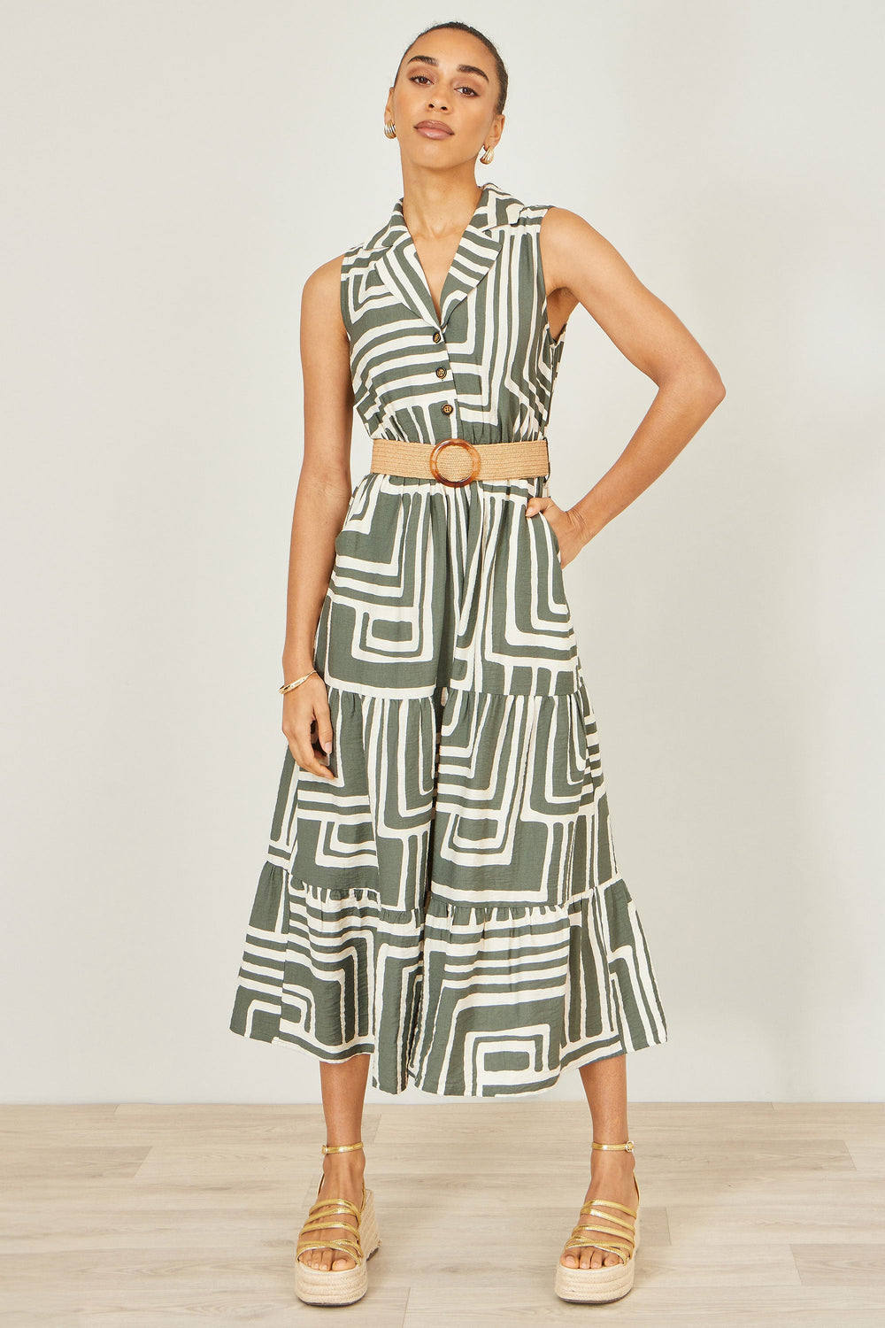 Yumi Green Viscose Geo Print Midi Shirt Dress With Matching Belt