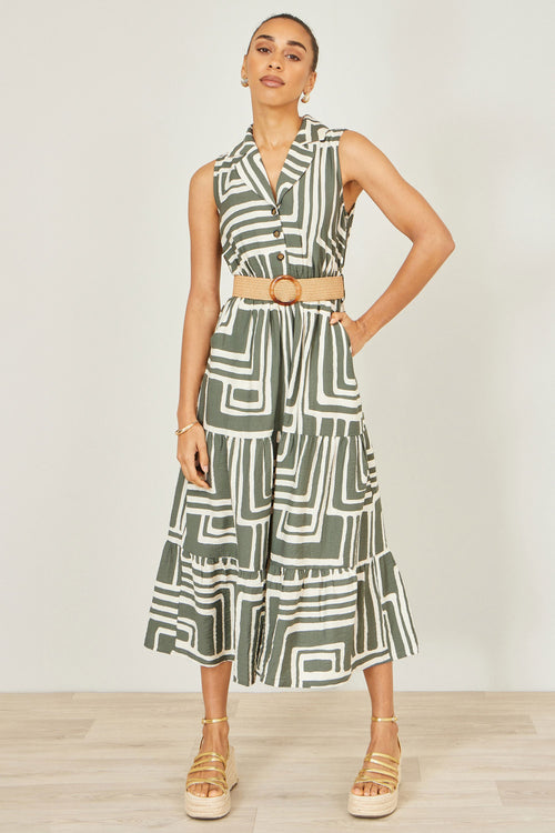 Yumi Green Viscose Geo Print Midi Shirt Dress With Matching Belt