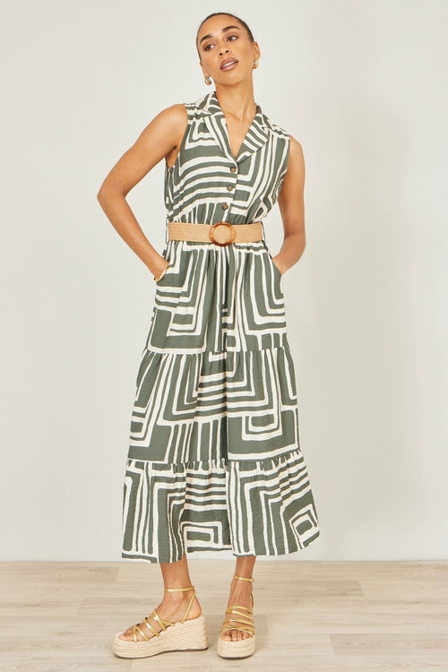 Yumi Green Viscose Geo Print Midi Shirt Dress With Matching Belt