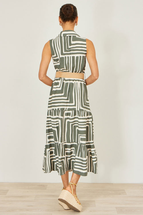Yumi Green Viscose Geo Print Midi Shirt Dress With Matching Belt