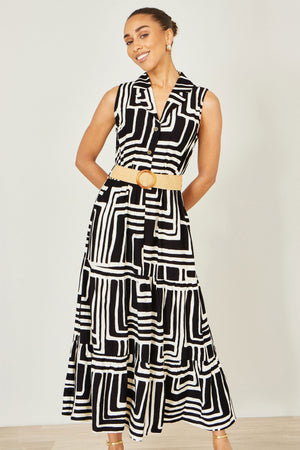 Yumi Black Viscose Geo Print Midi Shirt Dress With Matching Belt