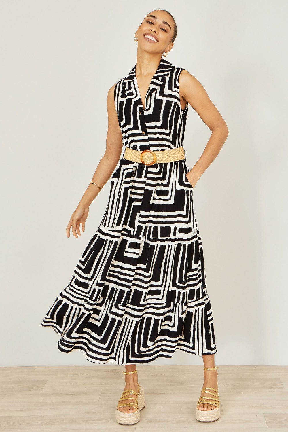 Yumi Black Viscose Geo Print Midi Shirt Dress With Matching Belt