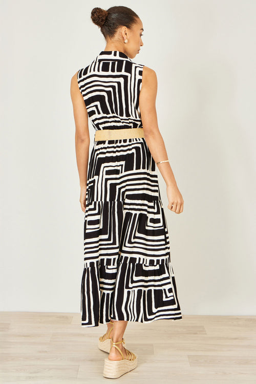 Yumi Black Viscose Geo Print Midi Shirt Dress With Matching Belt