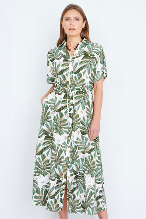 Yumi Green Viscose Leaf Print Relaxed Midi Dress