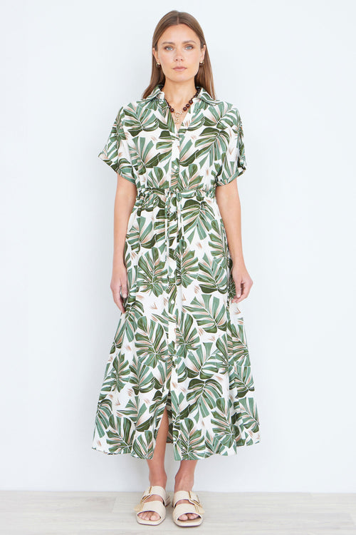 Yumi Green Viscose Leaf Print Relaxed Midi Dress