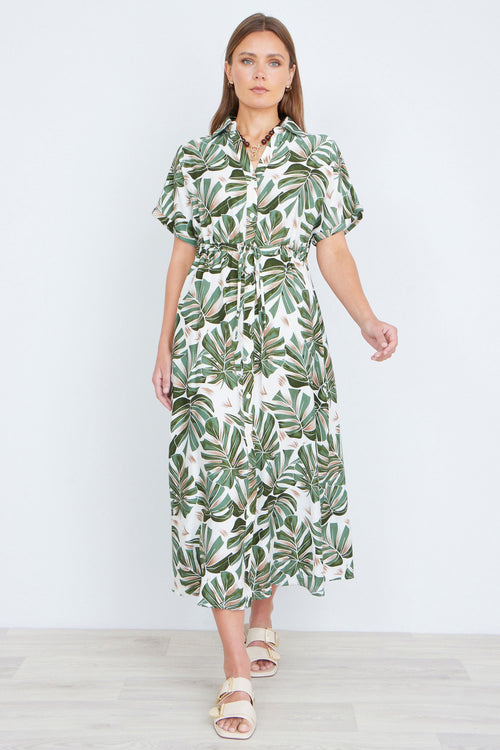 Yumi Green Viscose Leaf Print Relaxed Midi Dress