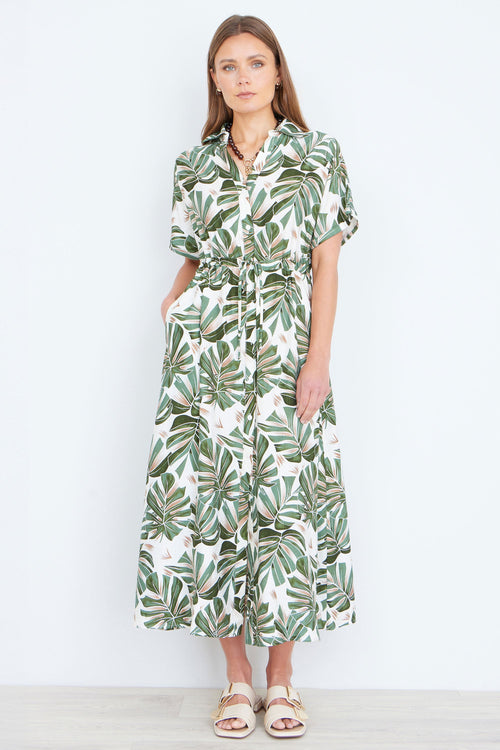 Yumi Green Viscose Leaf Print Relaxed Midi Dress