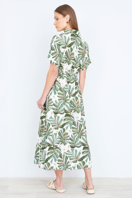 Yumi Green Viscose Leaf Print Relaxed Midi Dress